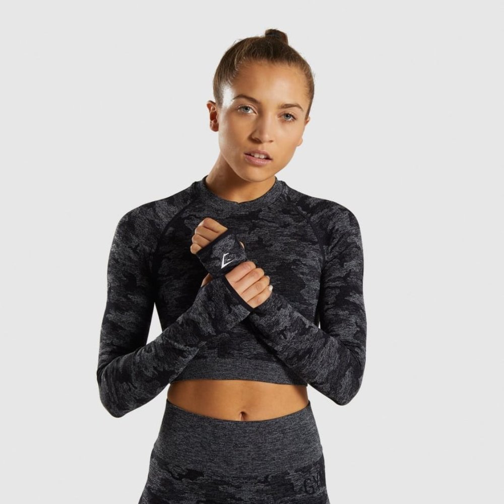 GymShark CAMO SEAMLESS LONG SLEEVE CROP TOP NWT L